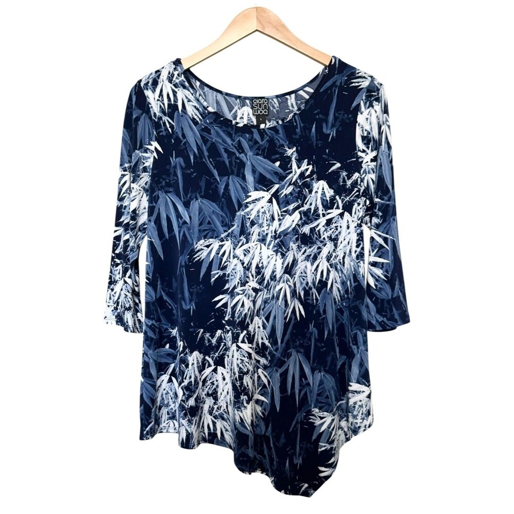 Clara Sun Woo Asymmetric Tunic Slinky Knit Top Blue Bamboo Print Size Large